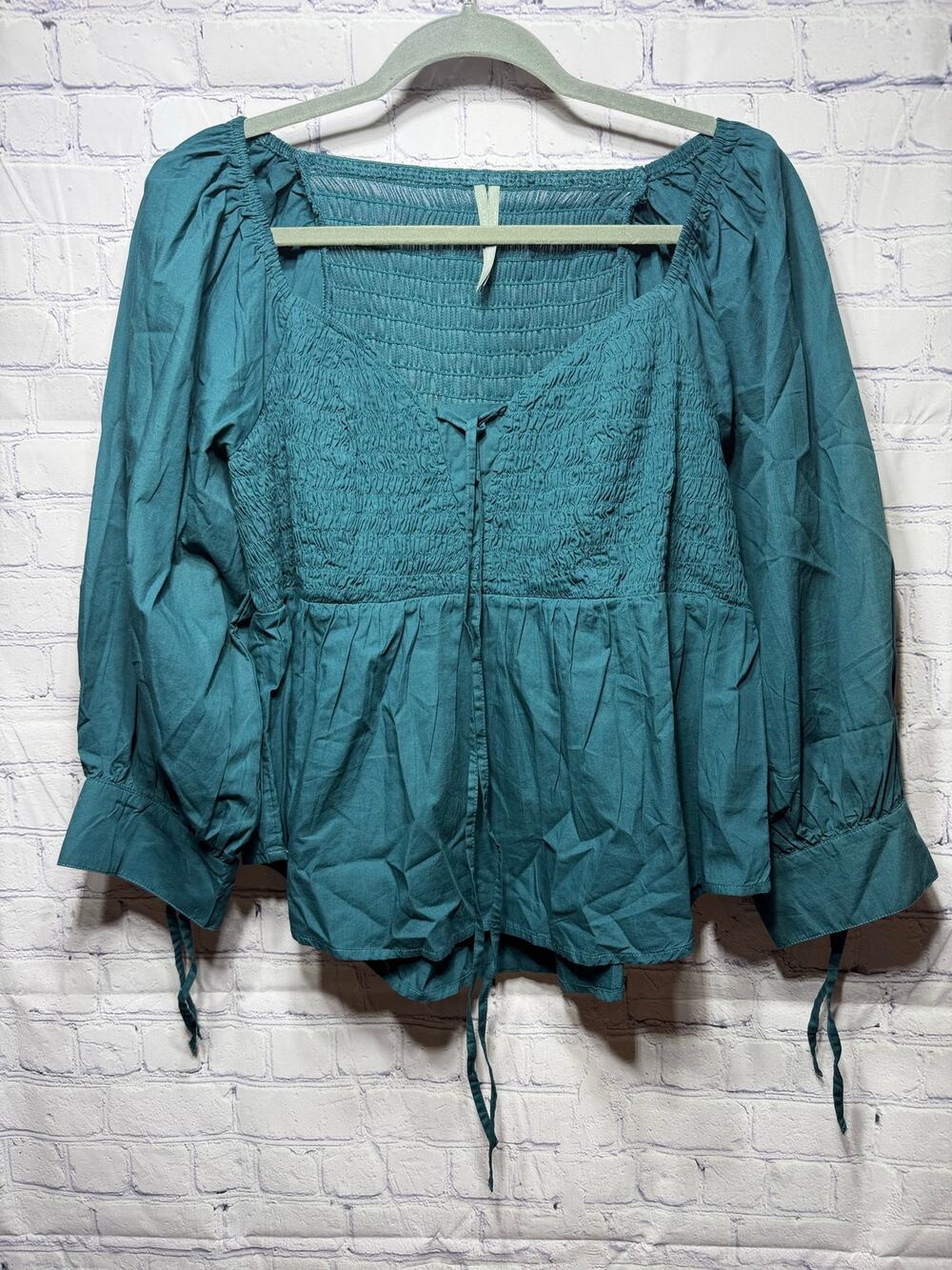 Anthropologie Womens Smocked Babydoll Long Sleeve Top Teal Size L Cottagecore